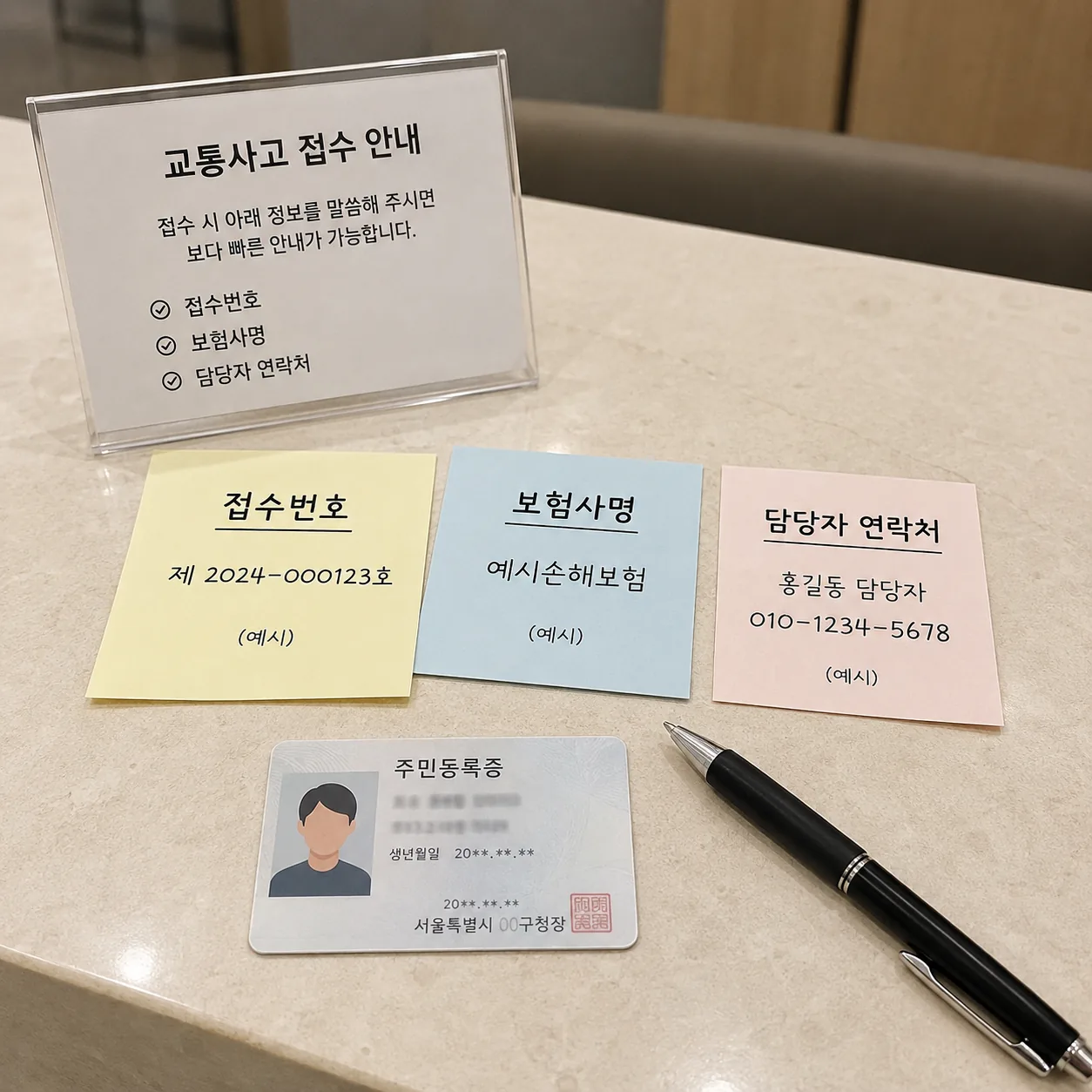 교통사고 한의원 첫 내원 때 필요한 보험사명, 사고 접수번호, 담당자 연락처, 신분증을 정리한 이미지