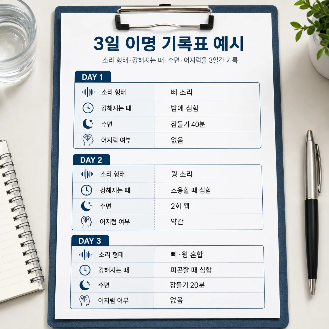 방문 전 3일 이명 기록표 예시