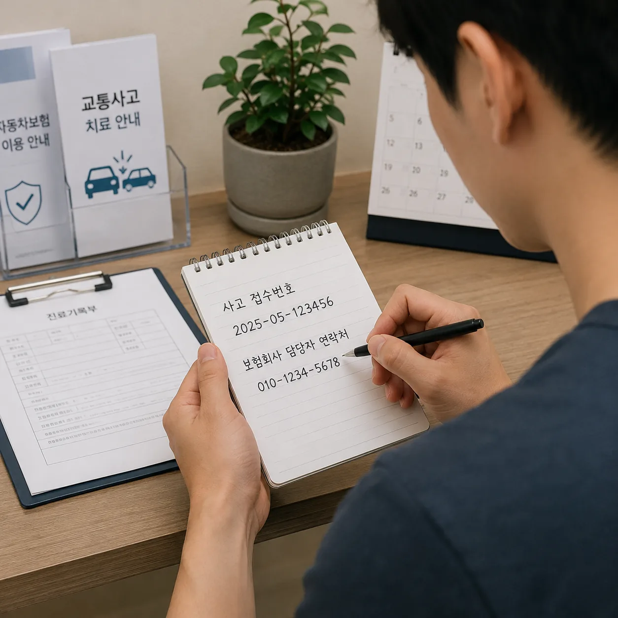 교통사고 병원 옮기기 전에 사고 접수번호와 보험회사 담당자 연락처를 확인하는 모습