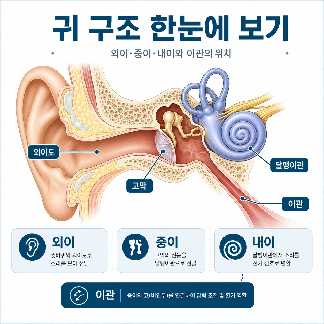 귀 구조에서 외이 중이 내이와 이관의 위치