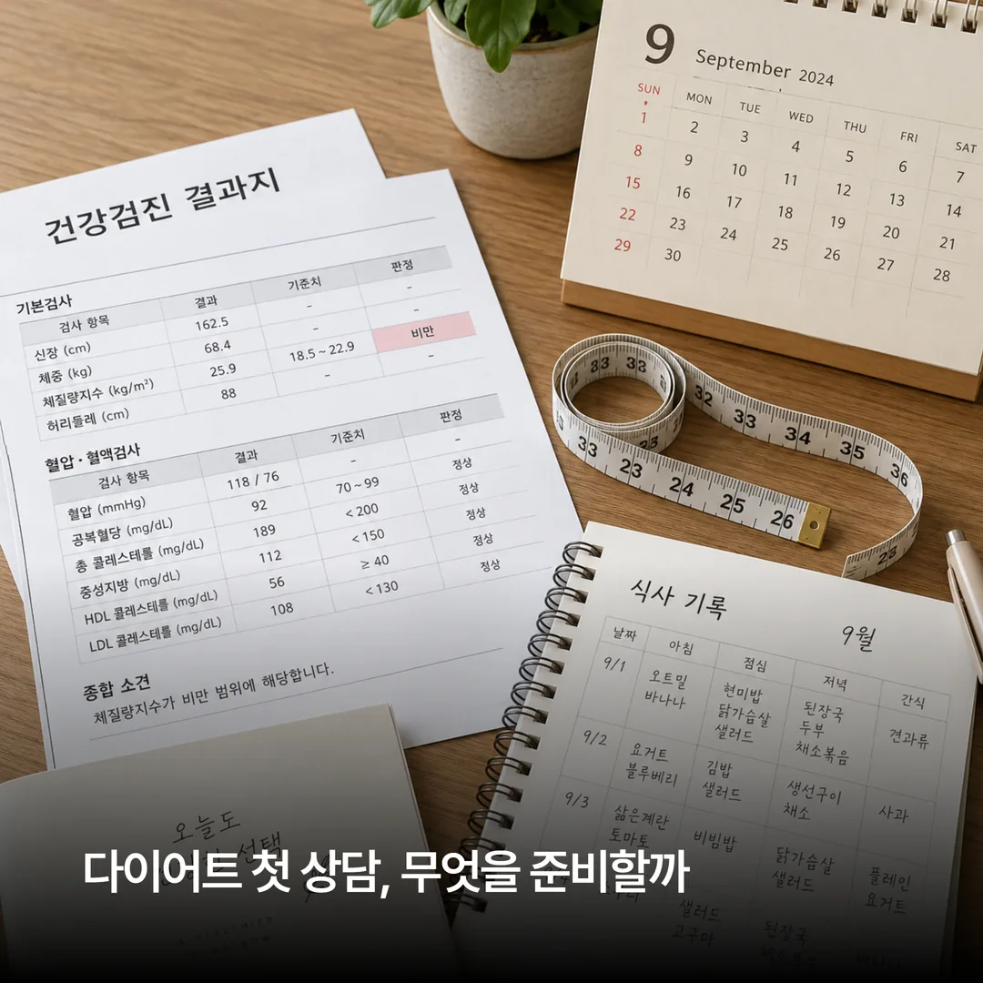 다이어트 첫 상담에 준비하는 건강검진 결과지와 줄자, 식사 기록 수첩