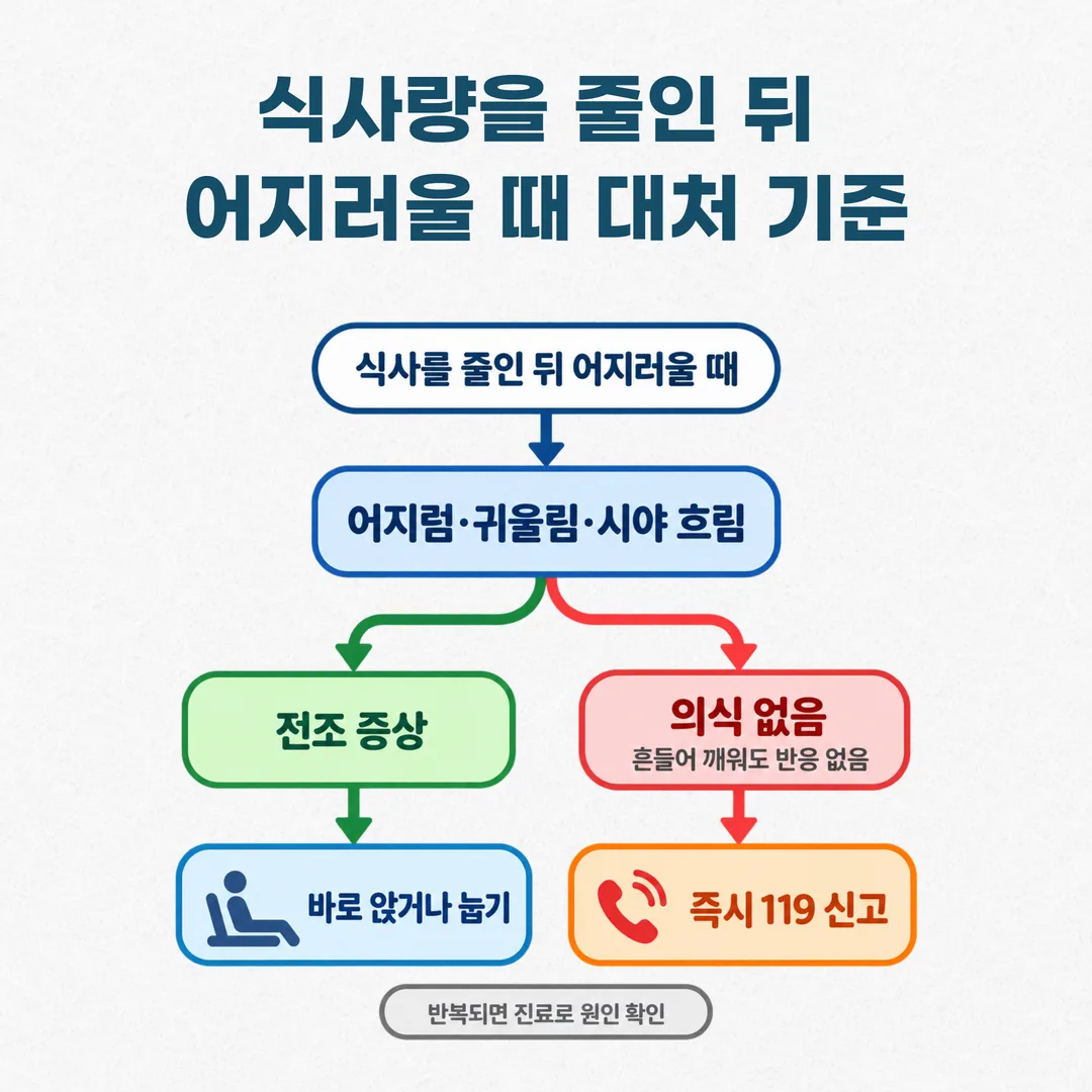 어지럼과 실신 전조 증상에서의 행동 기준을 나눈 갈림 도식