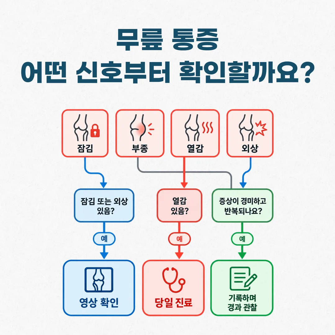 무릎 통증에서 잠김·부종·열감·외상 신호에 따른 확인 순서 흐름도