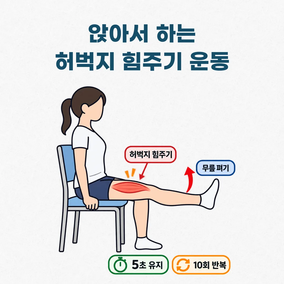 앉은 자세에서 하는 대퇴사두근 세팅 운동 자세 도해