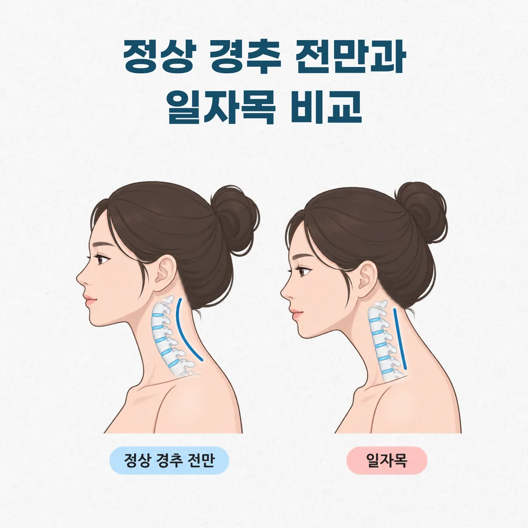 정상 경추 전만 곡선과 일자목 정렬을 옆모습으로 비교한 도해
