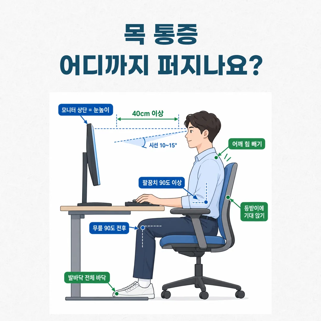 모니터 상단 눈높이와 시선 각도, 40센티미터 시거리, 팔꿈치와 무릎 각도를 표시한 책상 환경 점검 도해