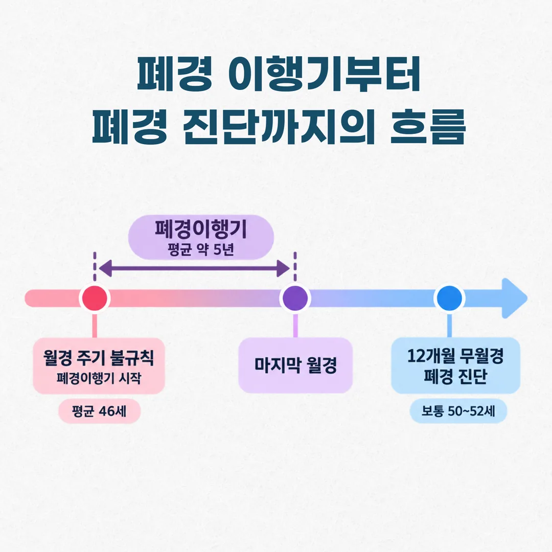 폐경 이행기 시작부터 폐경 진단까지의 시기를 가로 축으로 나타낸 도식