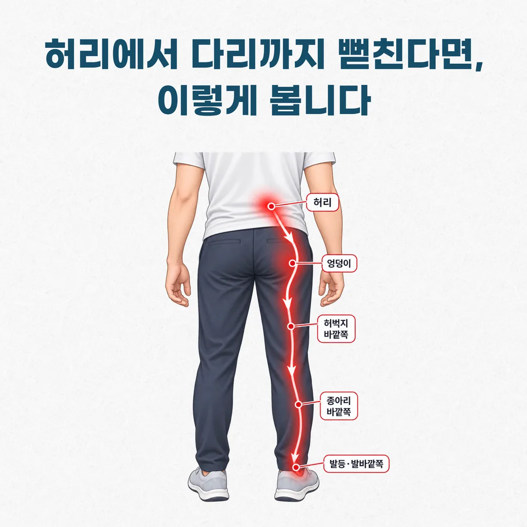요추 추간판탈출증에서 허리와 엉덩이를 거쳐 다리로 뻗치는 방사통 경로 개념도