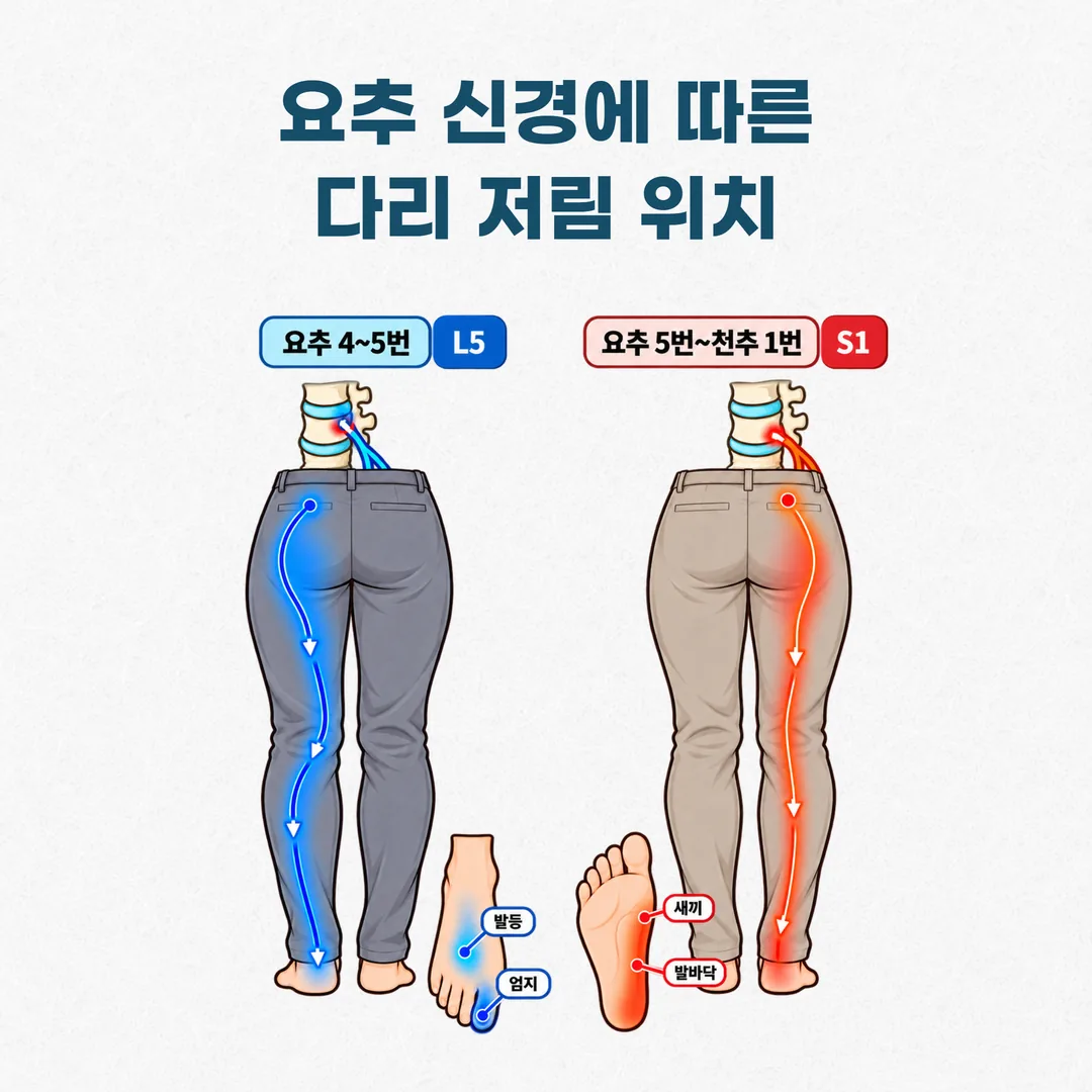 요추 4-5번과 요추 5번-천추 1번 추간판탈출증의 다리 저림 분포를 비교한 도식