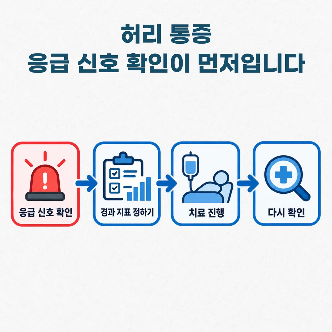 응급 신호 확인부터 경과 지표 설정과 재확인까지 이어지는 허리 진료 흐름 도식