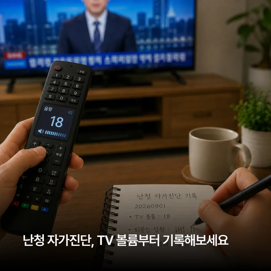 난청 자가진단을 위해 TV 볼륨 숫자를 기록하는 모습