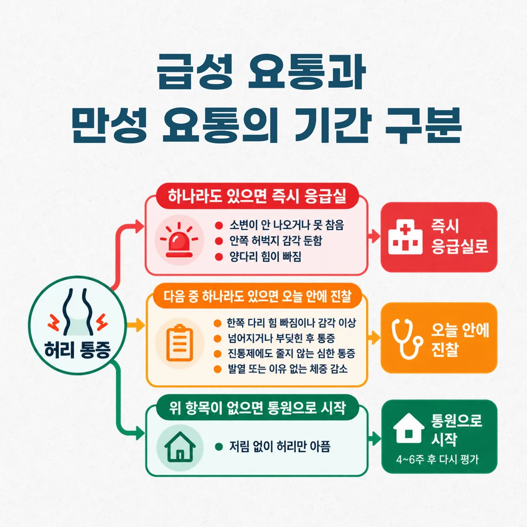 허리 통증에서 순서를 바꿔야 하는 신호를 세 단계로 나눈 갈림 도표