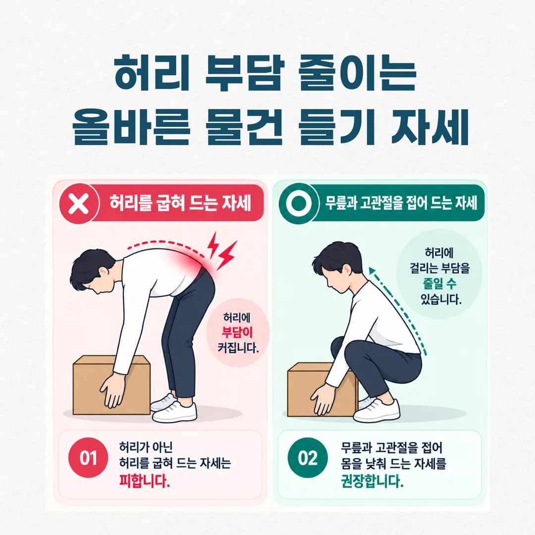 물건을 들 때 허리에 걸리는 부담을 비교한 자세 도해