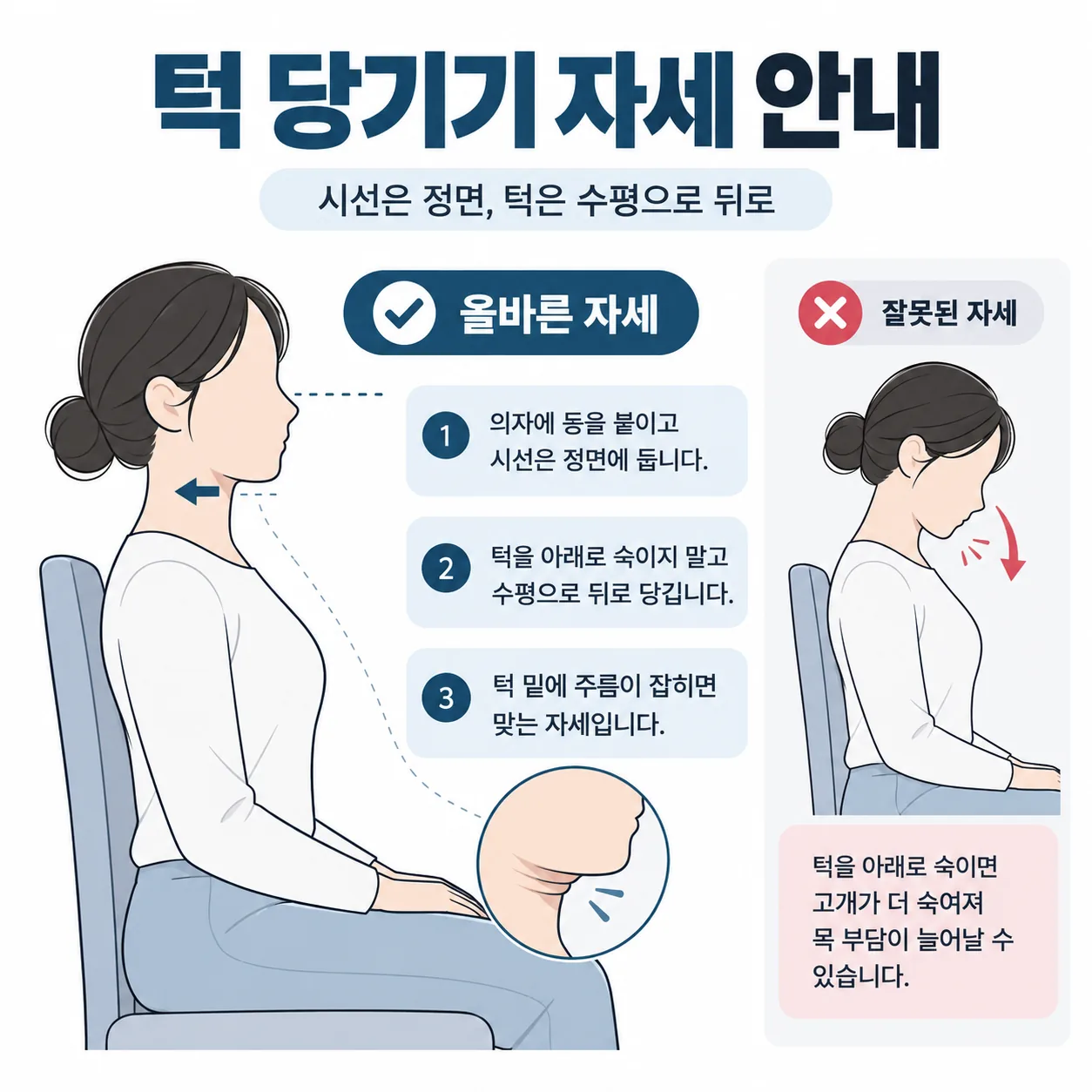 의자에 앉아 턱을 수평으로 뒤로 당기는 거북목 교정 운동 턱 당기기 자세 그림