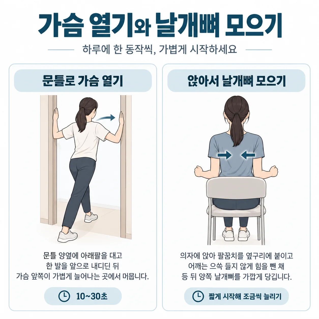 문틀을 이용한 가슴 열기와 앉아서 하는 날개뼈 모으기 두 동작 안내 그림