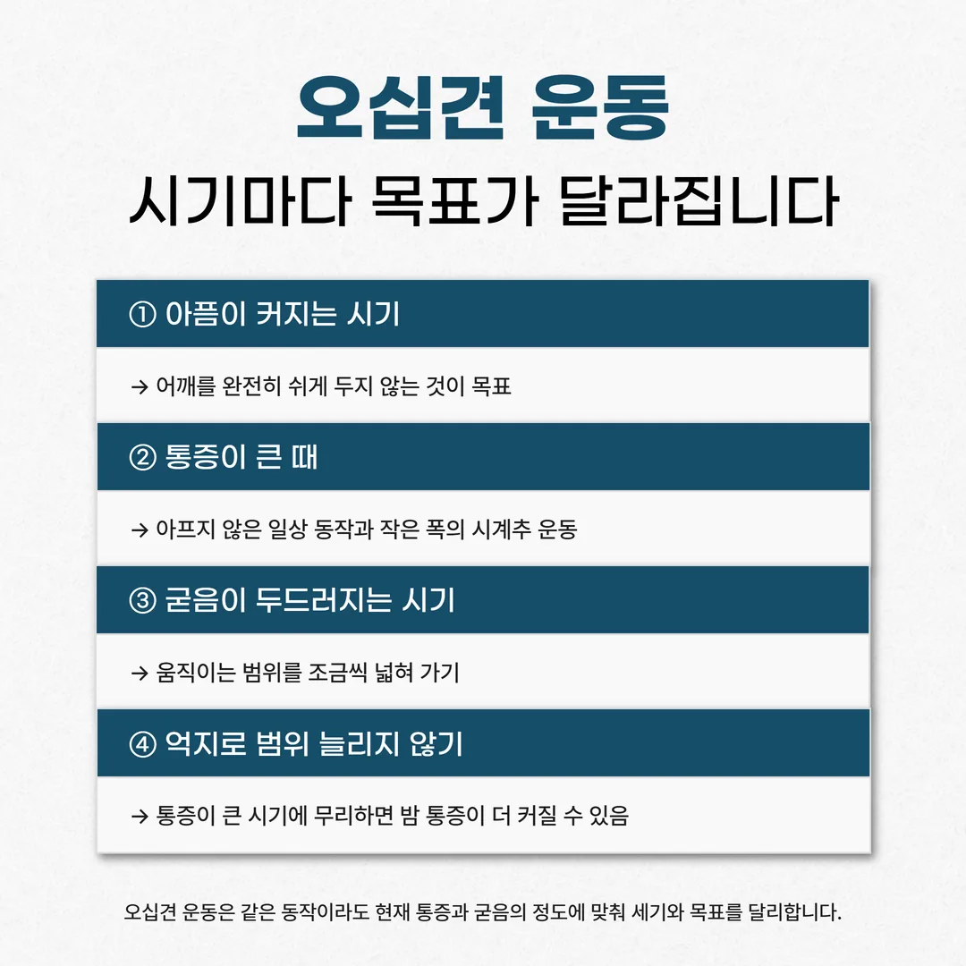 오십견 시기별 운동 목표를 아픔이 큰 시기와 굳음이 큰 시기로 나눈 도식