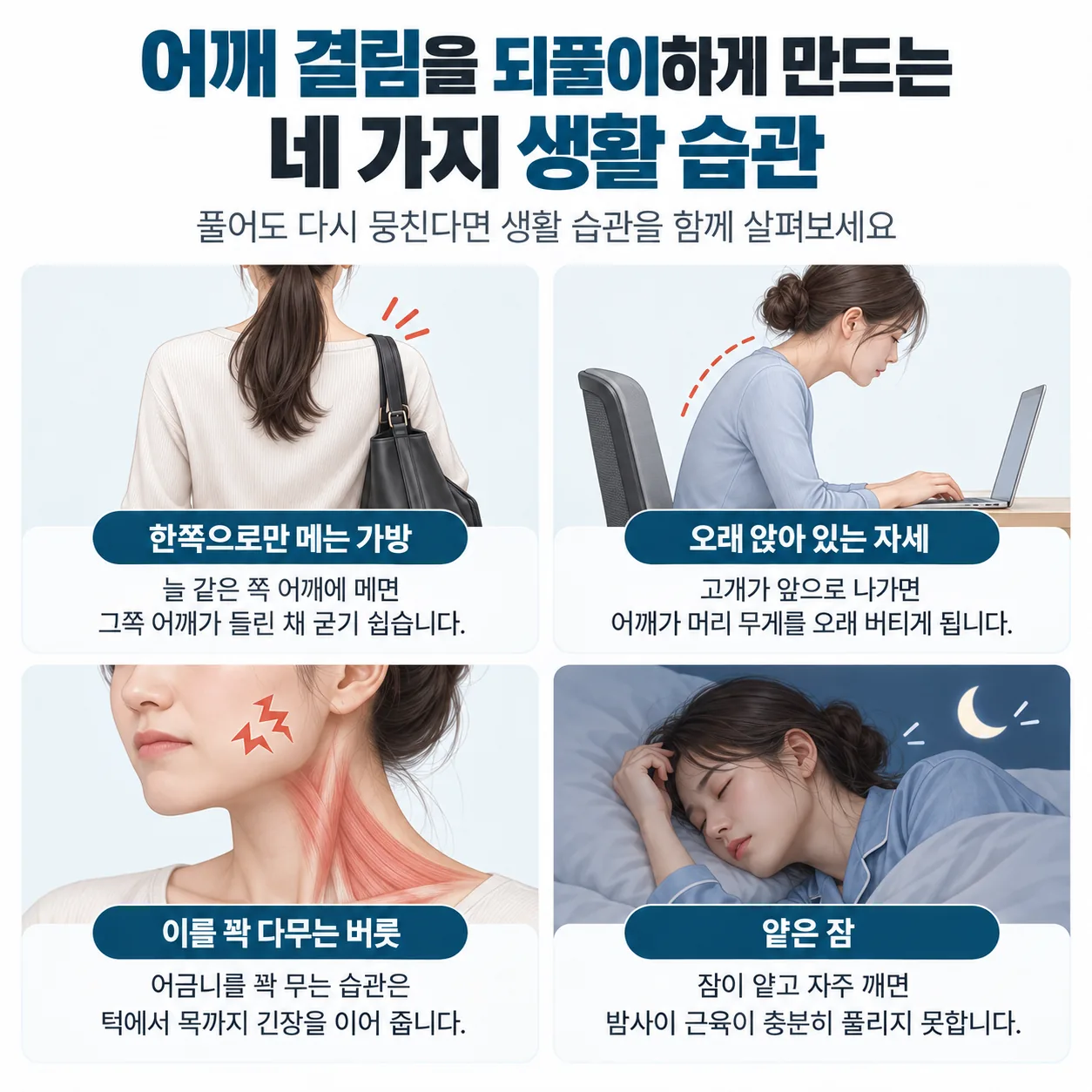 어깨 결림을 되풀이하게 만드는 네 가지 생활 습관 정리 카드