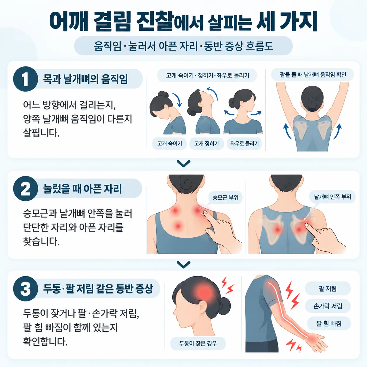 어깨 결림 진찰에서 살피는 움직임과 눌러서 아픈 자리, 동반 증상 흐름도