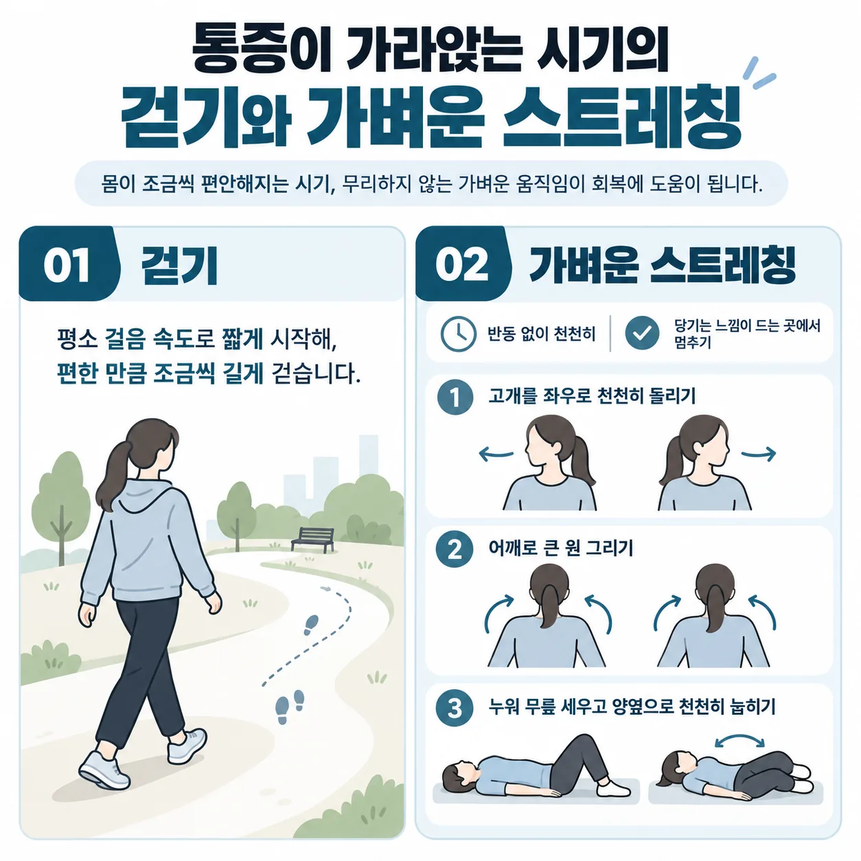 교통사고 뒤 통증이 가라앉는 시기의 걷기와 반동 없는 가벼운 스트레칭 세 동작 그림