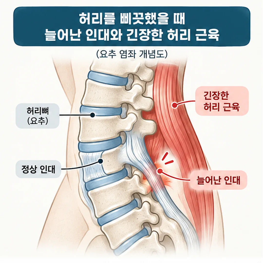 허리를 삐끗했을 때 늘어난 인대와 긴장한 허리 근육을 표시한 요추 염좌 개념도