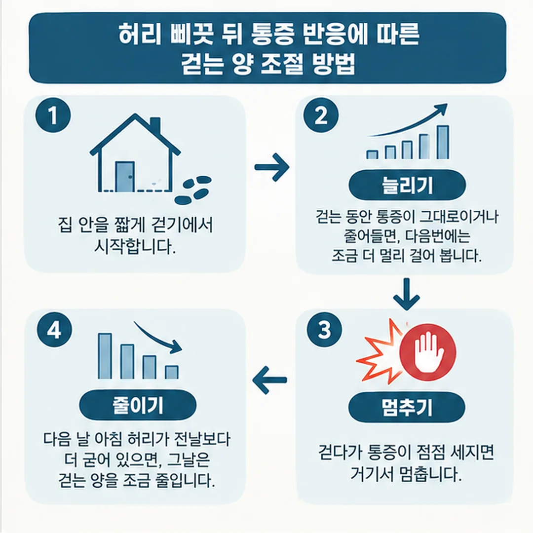 허리 삐끗 뒤 통증 반응에 따라 걷는 양을 늘리거나 줄이는 흐름도