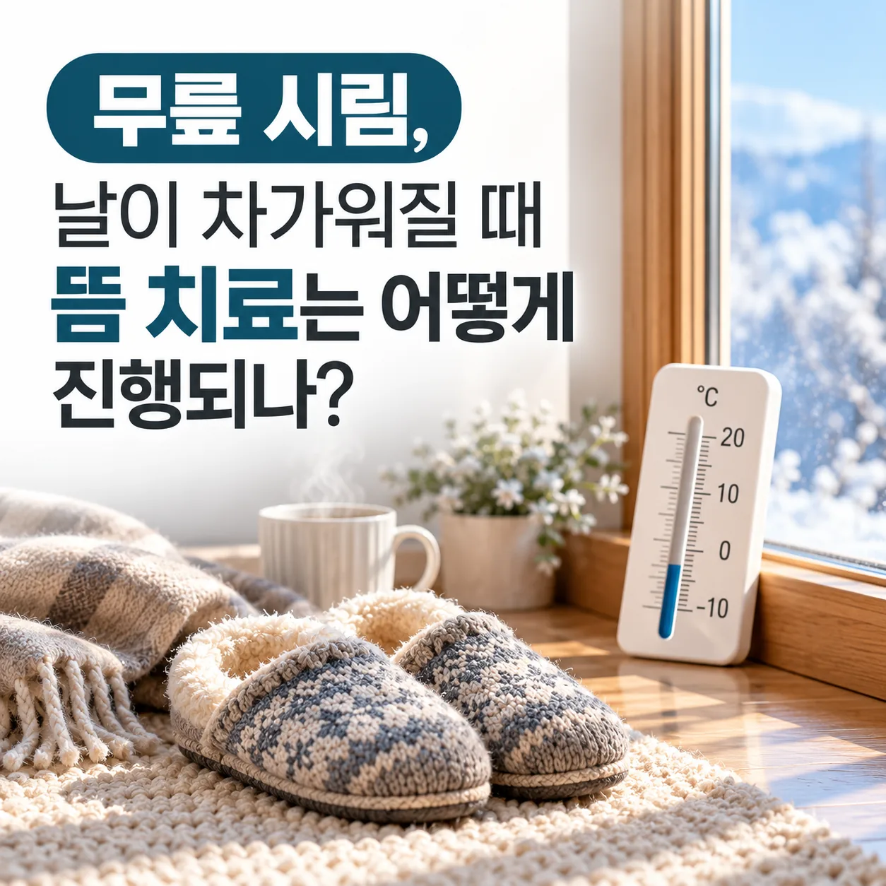 아침 기온이 내려가 무릎이 시리기 쉬운 철을 온도계와 실내화로 그린 정물 그림