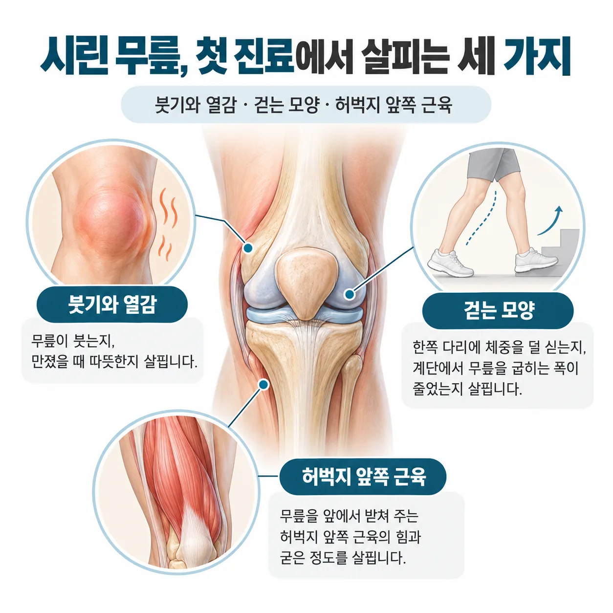시린 무릎 진찰에서 살피는 붓기와 열감, 걷는 모양, 허벅지 근육 세 가지 도식