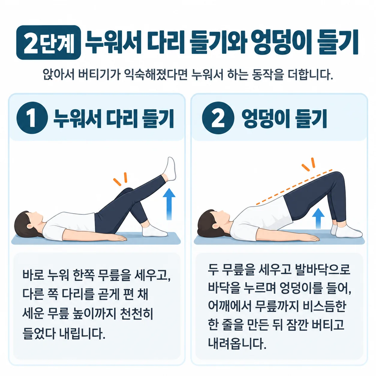 누워서 다리 들기와 엉덩이 들기 두 동작 선 그림